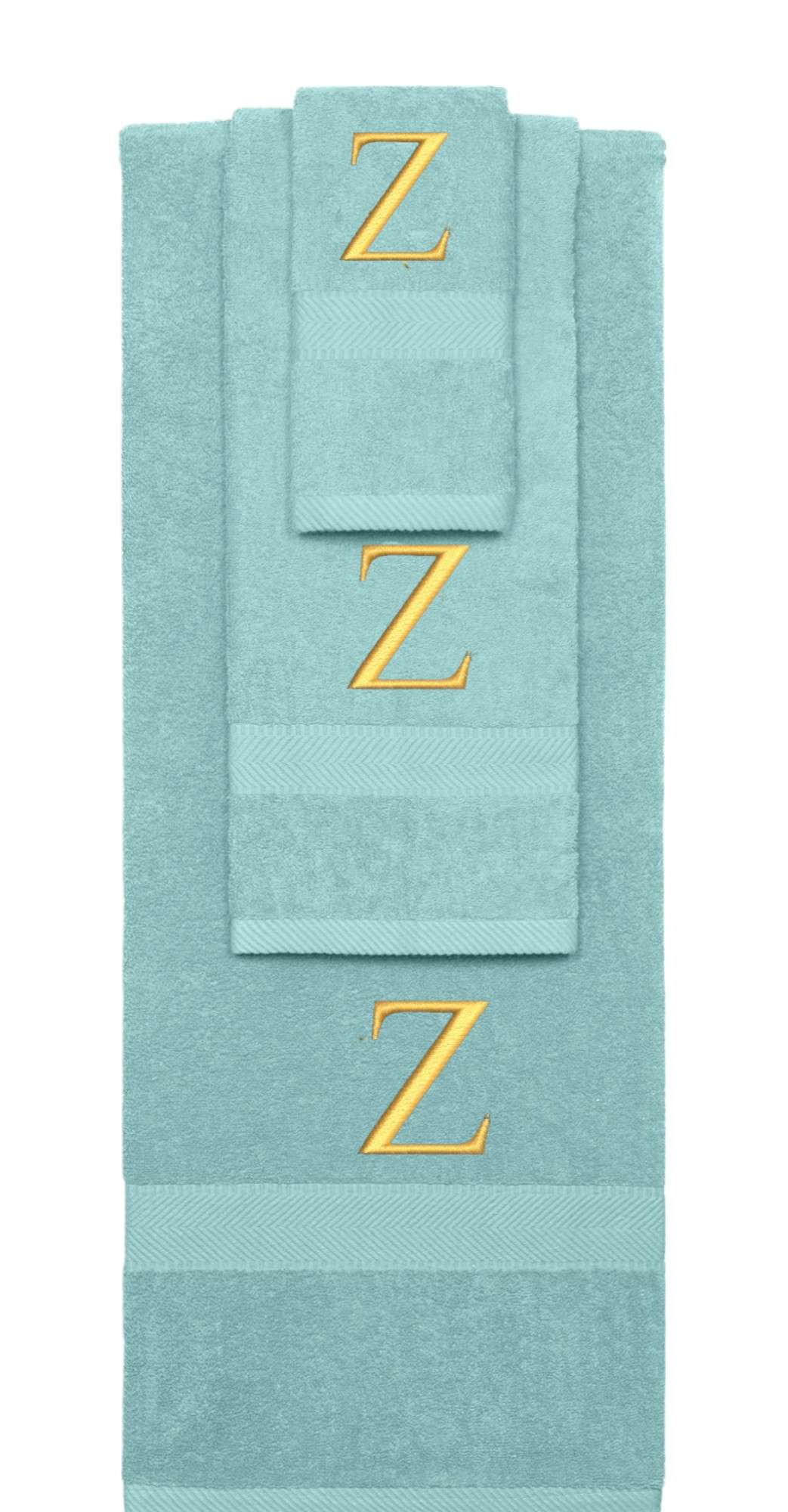 Nautical Teal monogrammed towel set with Gold thread, Times New Roman font, initial Z - 540 GSM cotton 3-piece