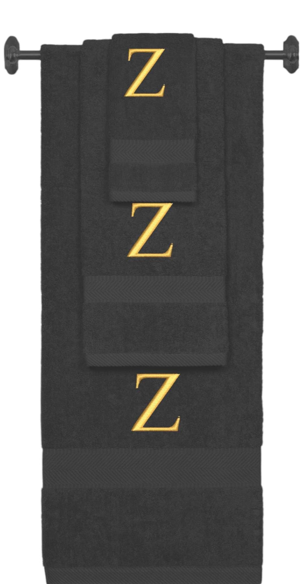 Charcoal monogrammed towel set with Gold thread, Times New Roman font, initial Z - 540 GSM cotton 3-piece