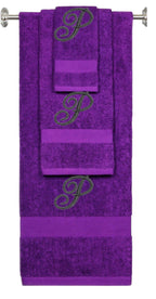 Purple monogrammed towel set with Black thread, Diana Script font, initial S - 540 GSM cotton 3-piece
