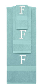 Nautical Teal monogrammed towel set with White thread, Times New Roman font, initial F - 540 GSM cotton 3-piece