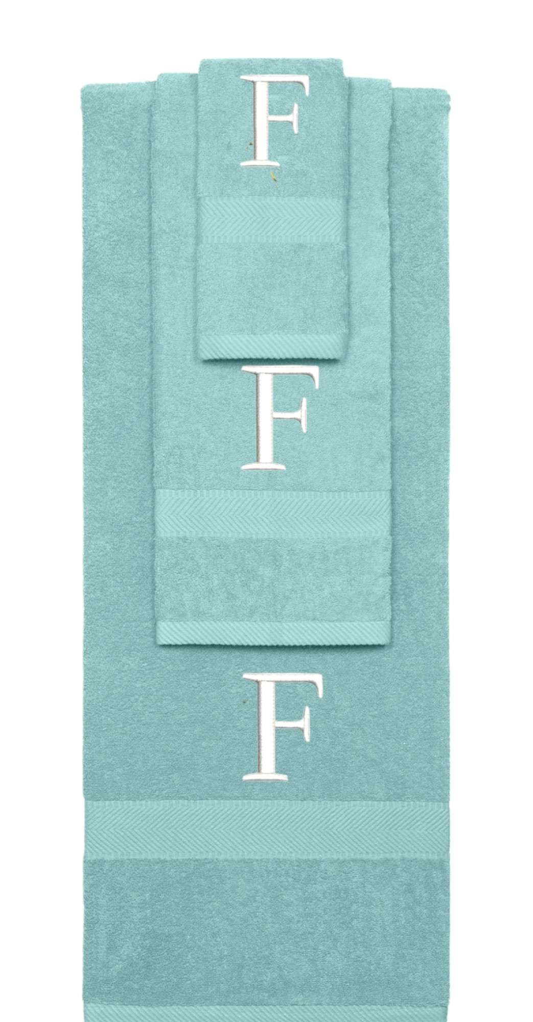 Nautical Teal monogrammed towel set with White thread, Times New Roman font, initial F - 540 GSM cotton 3-piece