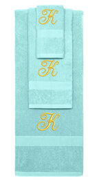 Nautical Teal monogrammed towel set with Gold thread, Diana Script font, initial K - 540 GSM cotton 3-piece