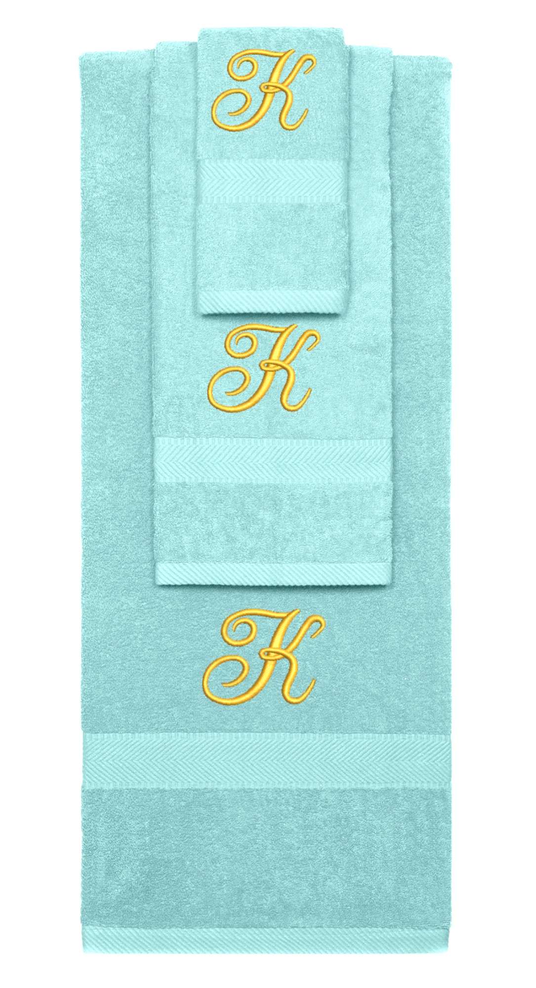 Nautical Teal monogrammed towel set with Gold thread, Diana Script font, initial K - 540 GSM cotton 3-piece