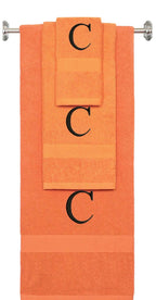 Orange monogrammed towel set with Black thread, Times New Roman font, initial C - 540 GSM cotton 3-piece