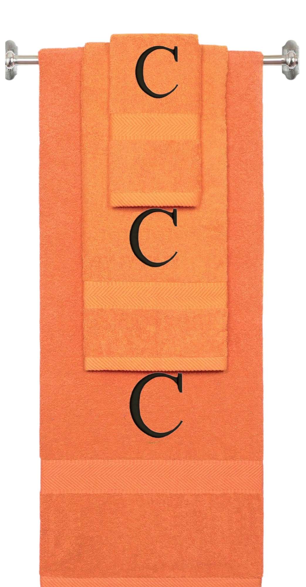 Orange monogrammed towel set with Black thread, Times New Roman font, initial C - 540 GSM cotton 3-piece