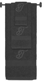 Charcoal monogrammed towel set with Black thread, Diana Script font, initial T - 540 GSM cotton 3-piece