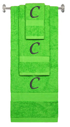 Lime monogrammed towel set with Black thread, Chancery font, initial C - 540 GSM cotton 3-piece