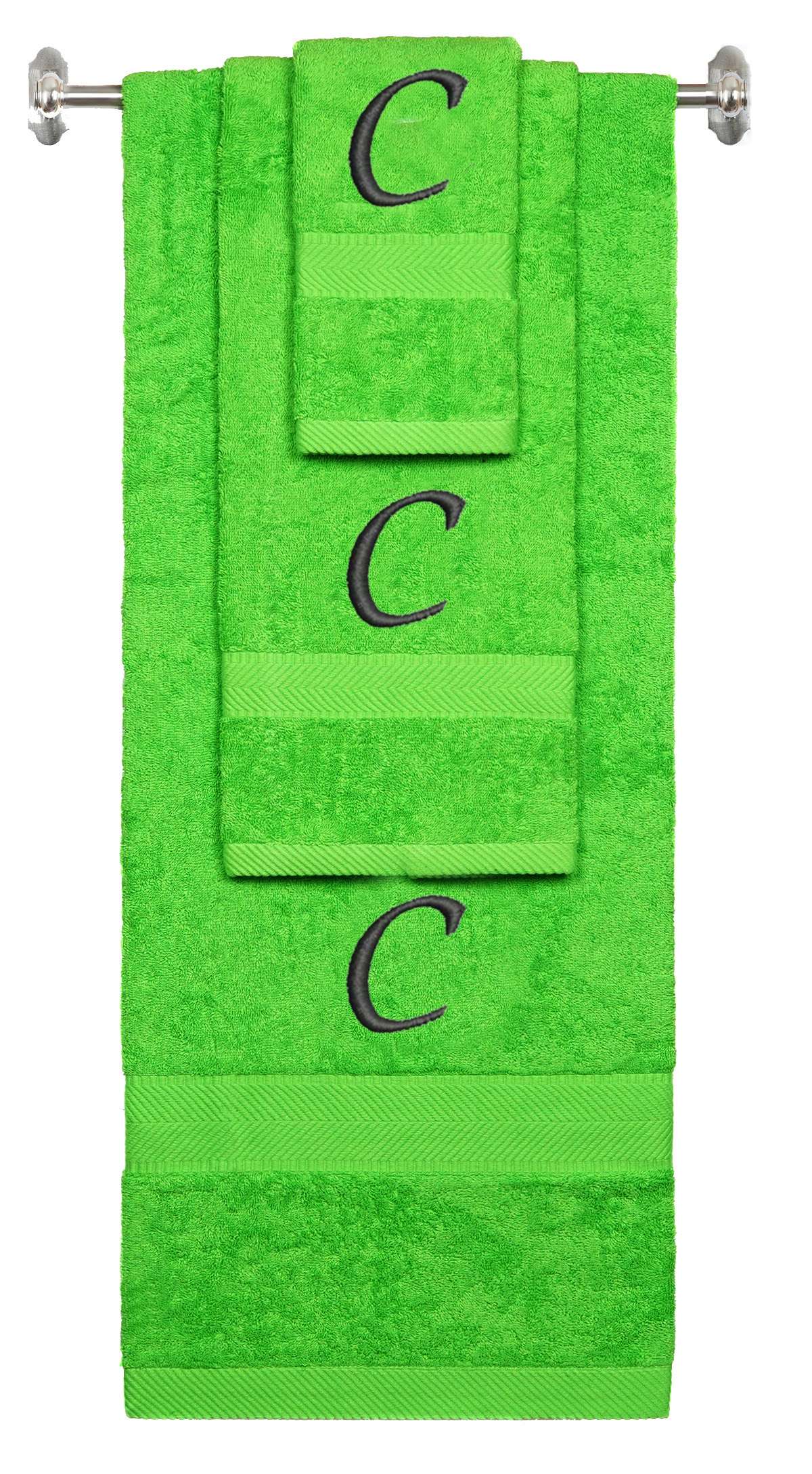 Lime monogrammed towel set with Black thread, Chancery font, initial C - 540 GSM cotton 3-piece
