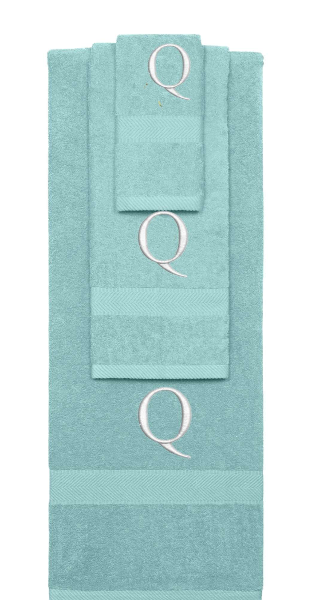 Nautical Teal monogrammed towel set with Silver thread, Times New Roman font, initial Q - 540 GSM cotton 3-piece