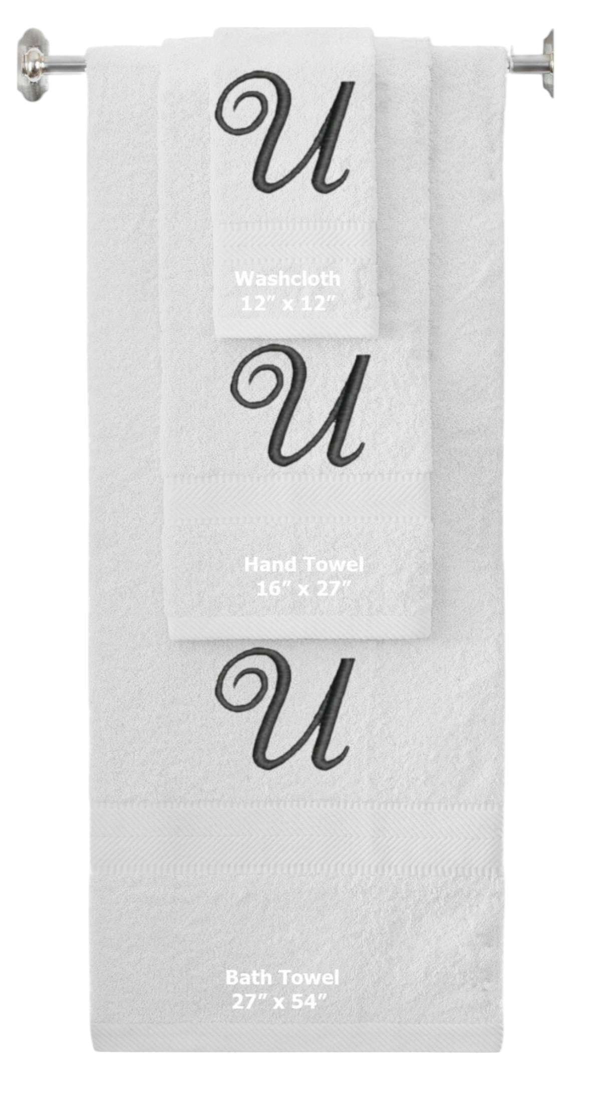 White monogrammed towel set with Black thread, Diana Script font, initial U - 540 GSM cotton 3-piece