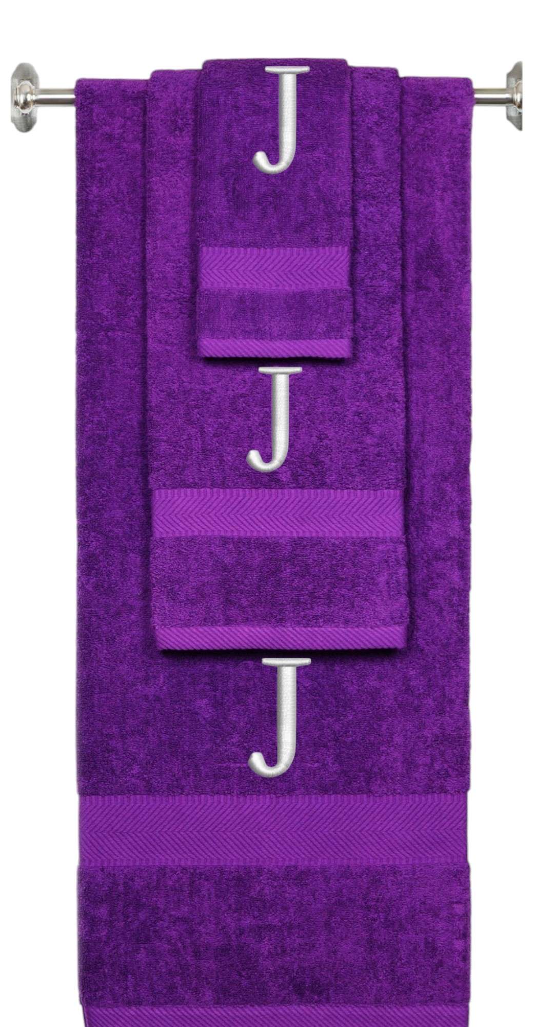Purple monogrammed towel set with Silver thread, Times New Roman font, initial J - 540 GSM cotton 3-piece
