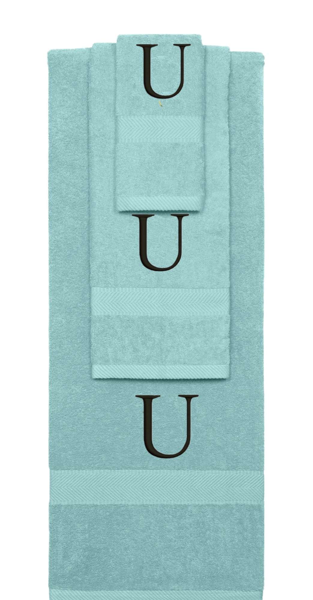 Nautical Teal monogrammed towel set with Black thread, Times New Roman font, initial T - 540 GSM cotton 3-piece