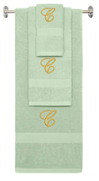 Mint Green monogrammed towel set with Gold thread, Diana Script font, initial C - 540 GSM cotton 3-piece