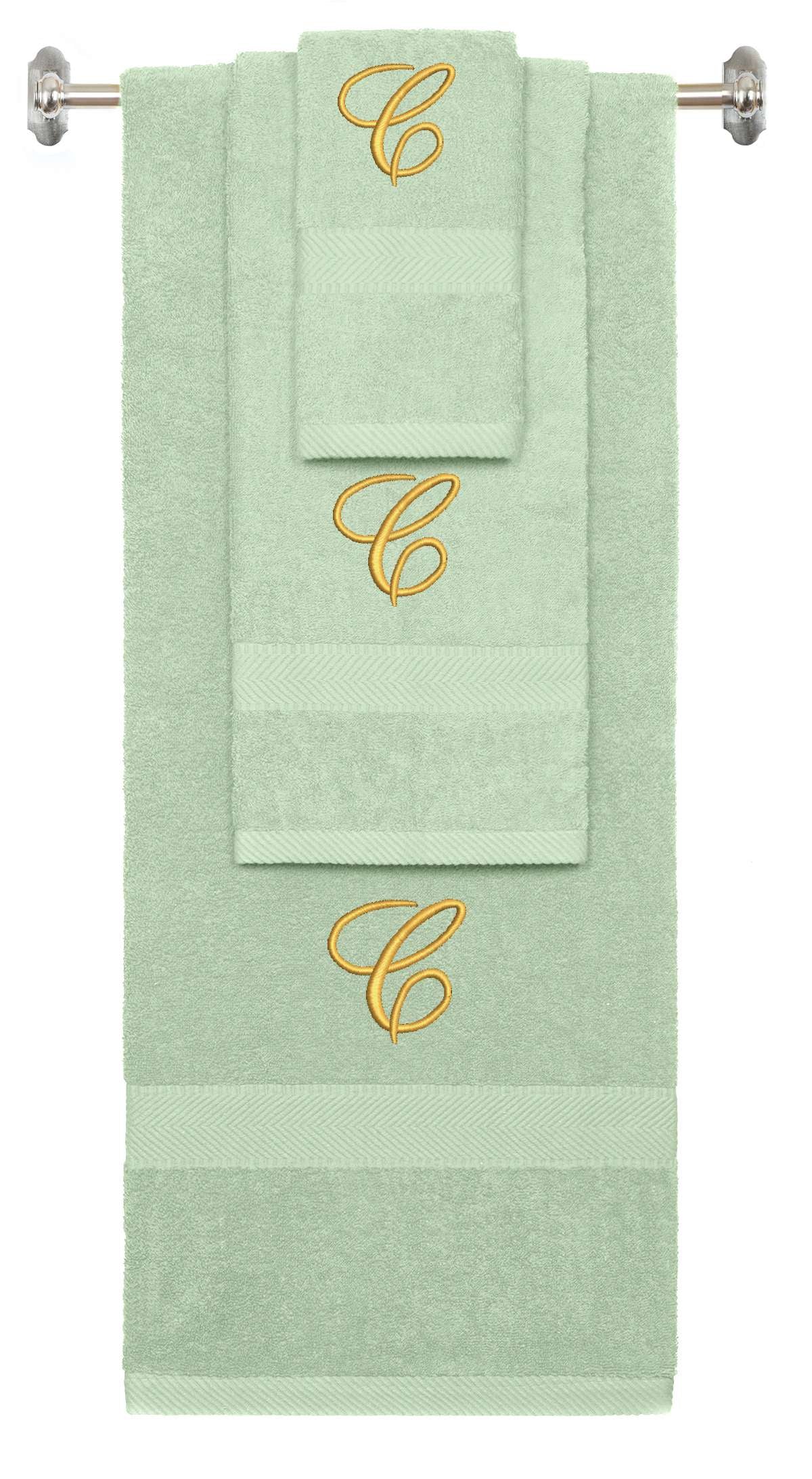 Mint Green monogrammed towel set with Gold thread, Diana Script font, initial C - 540 GSM cotton 3-piece