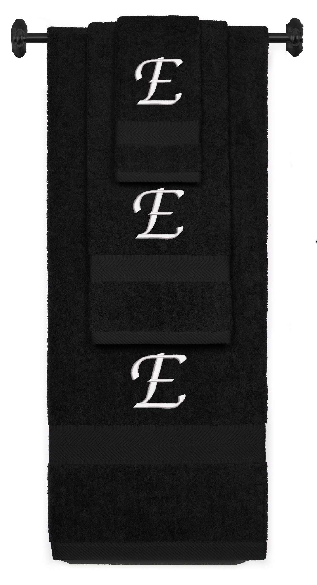 Black monogrammed towel set with White thread, Chancery font, initial E - 540 GSM cotton 3-piece