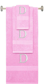 Pink monogrammed towel set with White thread, Times New Roman font, initial D - 540 GSM cotton 3-piece