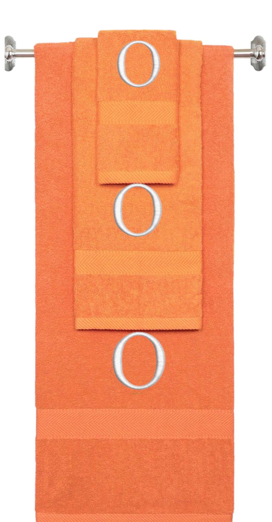 Orange monogrammed towel set with Silver thread, Times New Roman font, initial O - 540 GSM cotton 3-piece