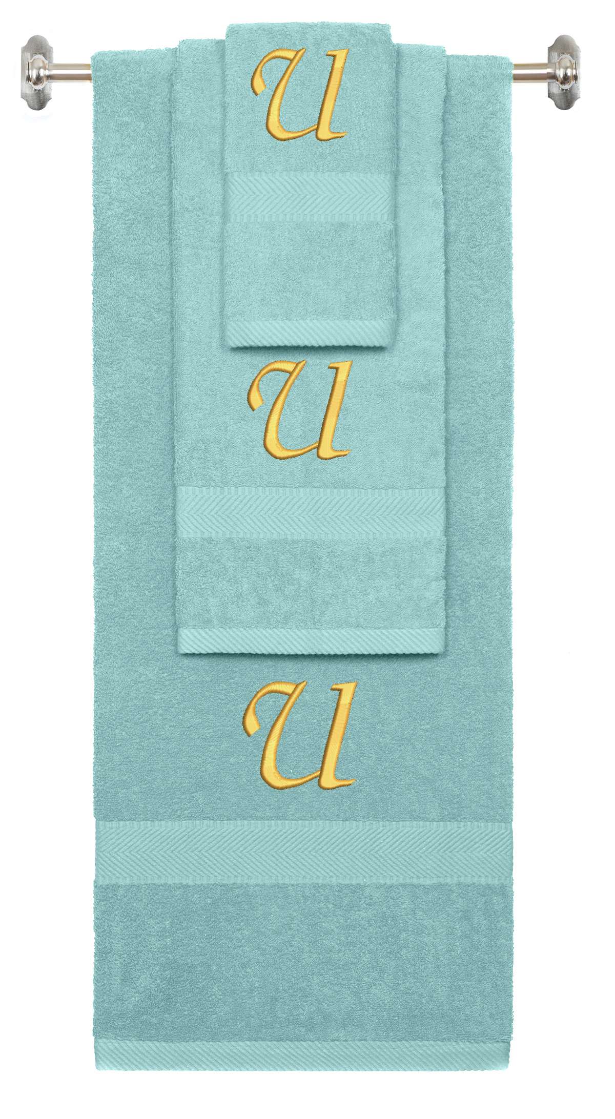 Nautical Teal monogrammed towel set with Gold thread, Chancery font, initial U - 540 GSM cotton 3-piece
