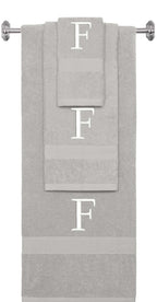 Silver monogrammed towel set with White thread, Times New Roman font, initial F - 540 GSM cotton 3-piece