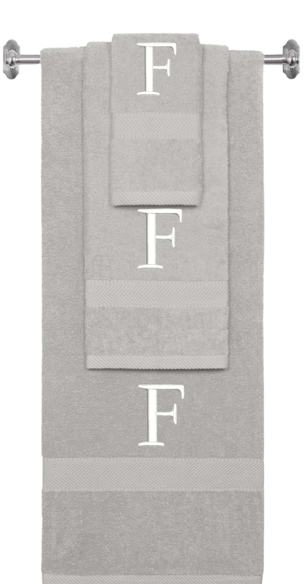 Silver monogrammed towel set with White thread, Times New Roman font, initial F - 540 GSM cotton 3-piece