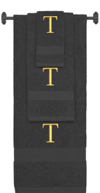 Charcoal monogrammed towel set with Gold thread, Times New Roman font, initial T - 540 GSM cotton 3-piece