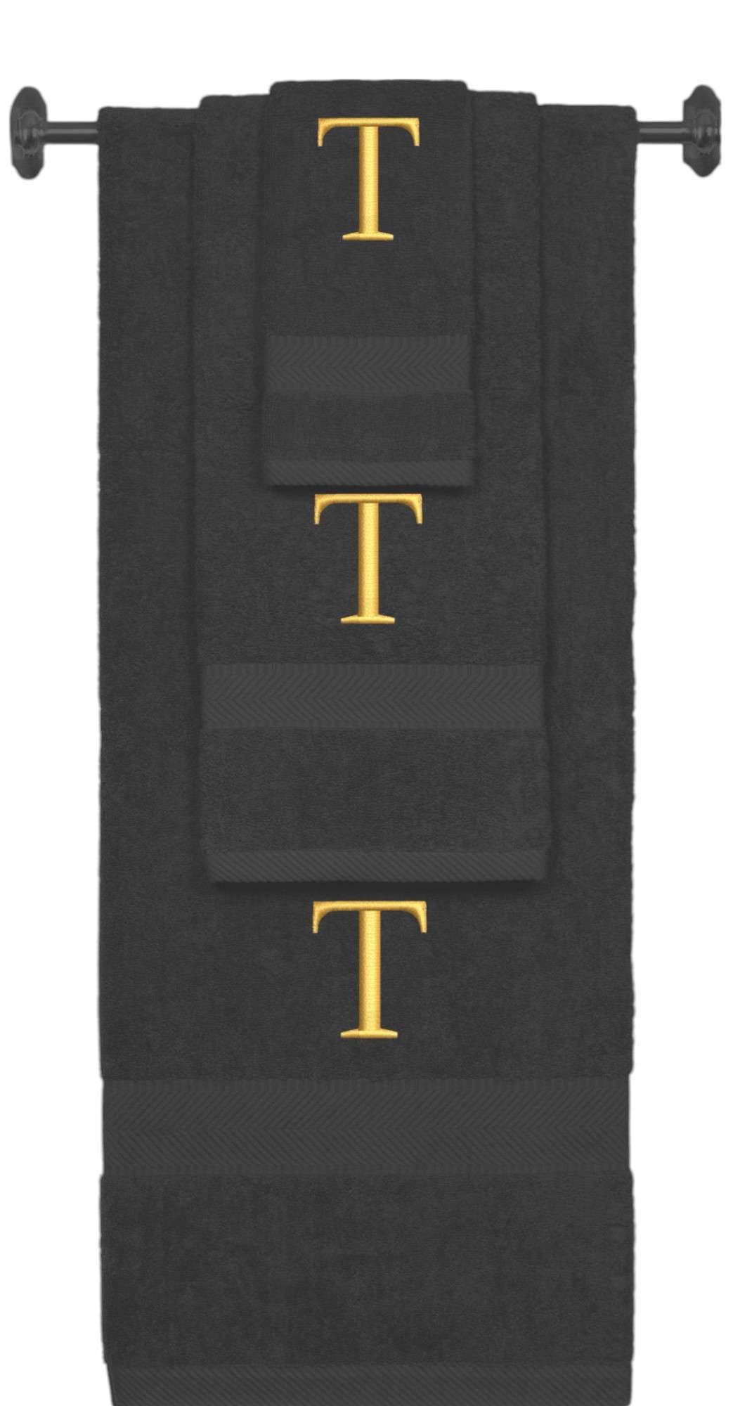 Charcoal monogrammed towel set with Gold thread, Times New Roman font, initial T - 540 GSM cotton 3-piece