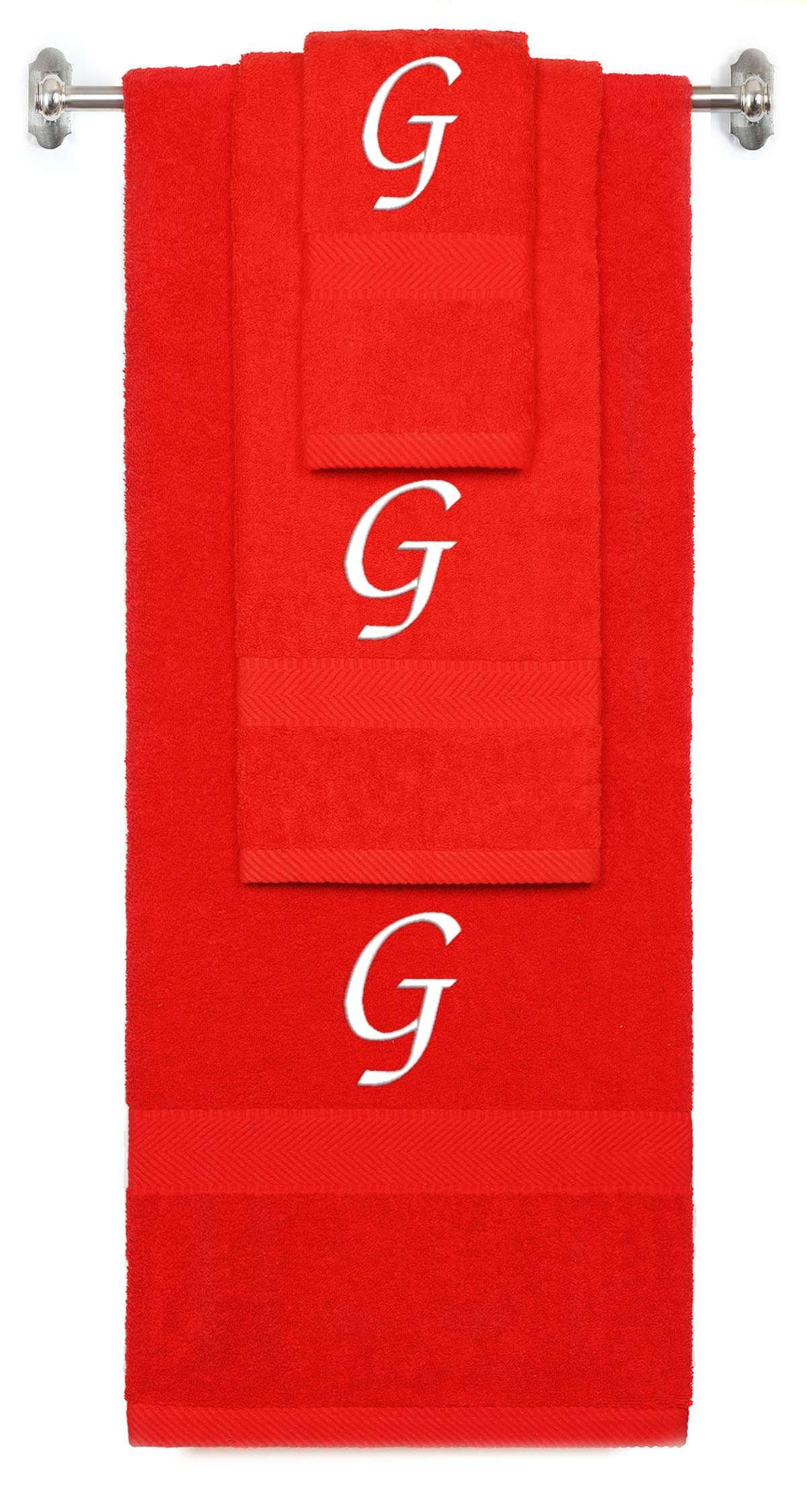 Red monogrammed towel set with White thread, Chancery font, initial G - 540 GSM cotton 3-piece