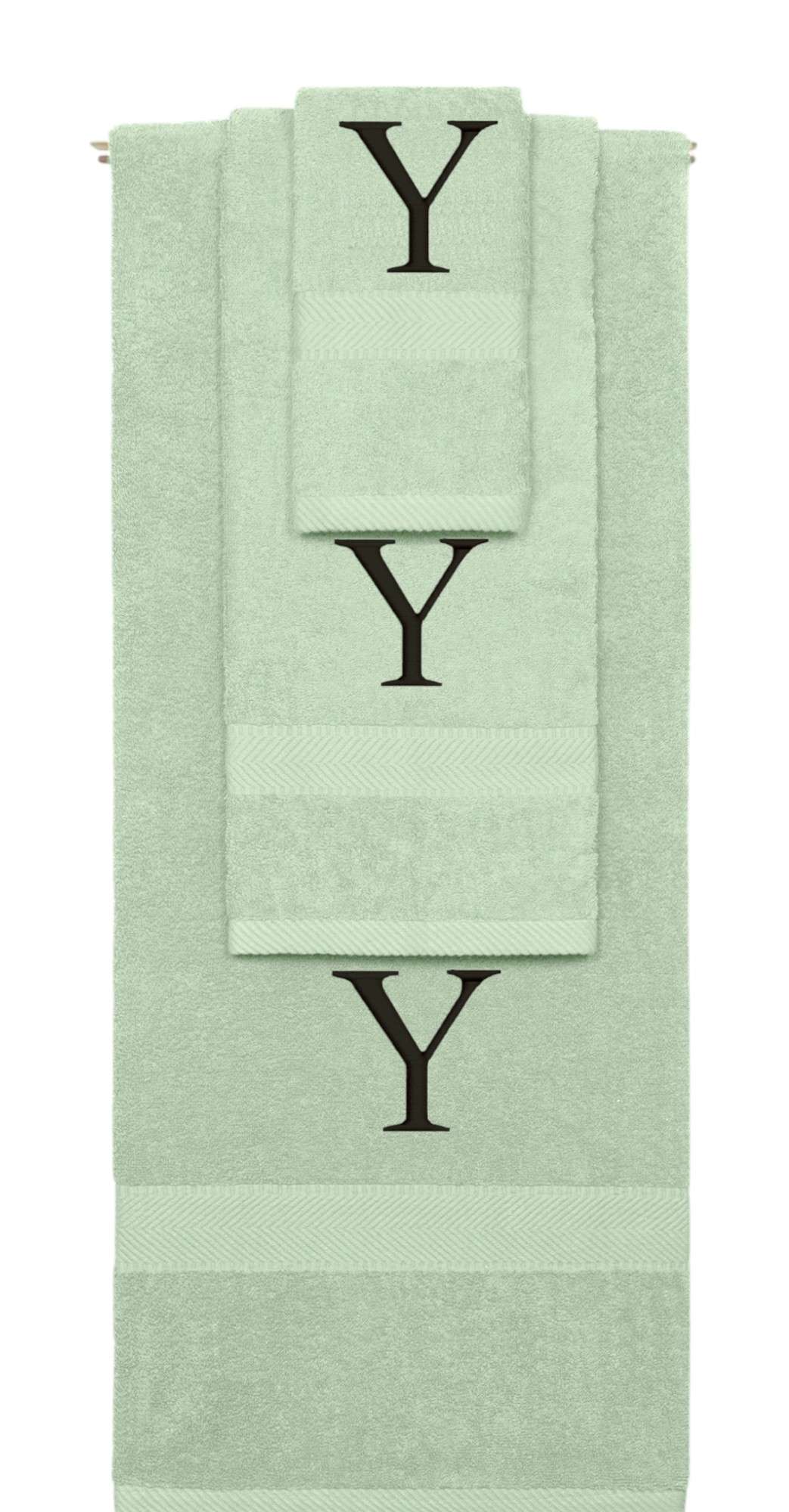 Mint Green monogrammed towel set with Black thread, Times New Roman font, initial Y - 540 GSM cotton 3-piece
