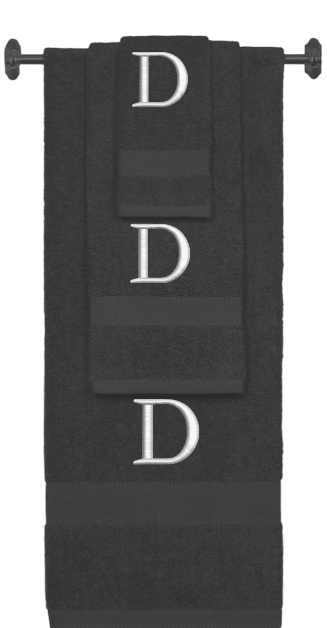 Charcoal monogrammed towel set with Silver thread, Times New Roman font, initial D - 540 GSM cotton 3-piece