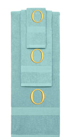 Nautical Teal monogrammed towel set with Gold thread, Times New Roman font, initial O - 540 GSM cotton 3-piece