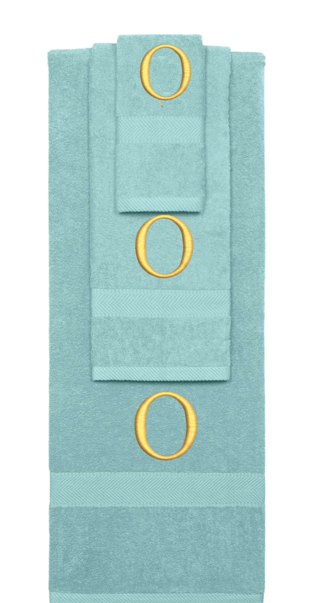 Nautical Teal monogrammed towel set with Gold thread, Times New Roman font, initial O - 540 GSM cotton 3-piece