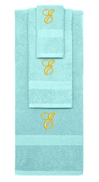 Nautical Teal monogrammed towel set with Gold thread, Diana Script font, initial E - 540 GSM cotton 3-piece