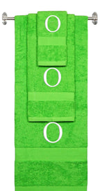 Lime monogrammed towel set with White thread, Times New Roman font, initial O - 540 GSM cotton 3-piece