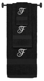 Black monogrammed towel set with Silver thread, Diana Script font, initial F - 540 GSM cotton 3-piece