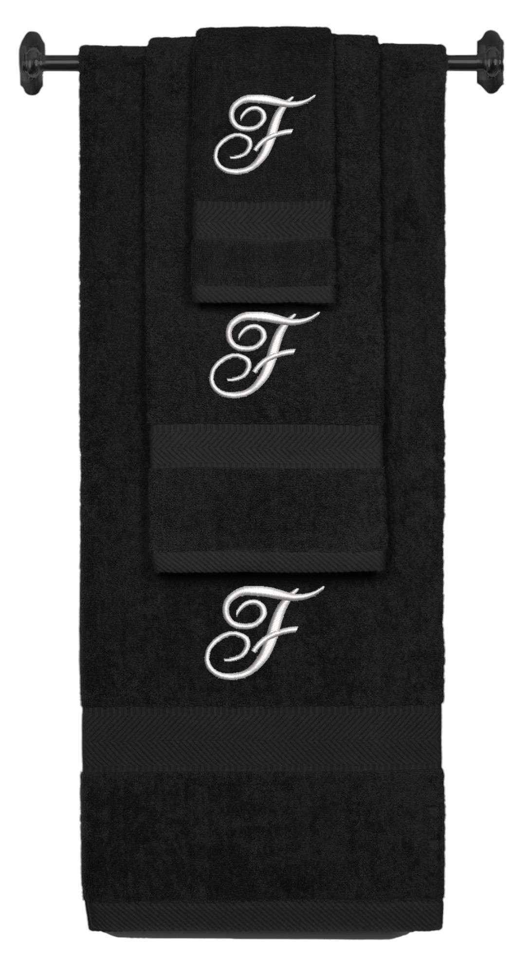 Black monogrammed towel set with Silver thread, Diana Script font, initial F - 540 GSM cotton 3-piece