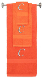 Orange monogrammed towel set with Silver thread, Chancery font, initial C - 540 GSM cotton 3-piece