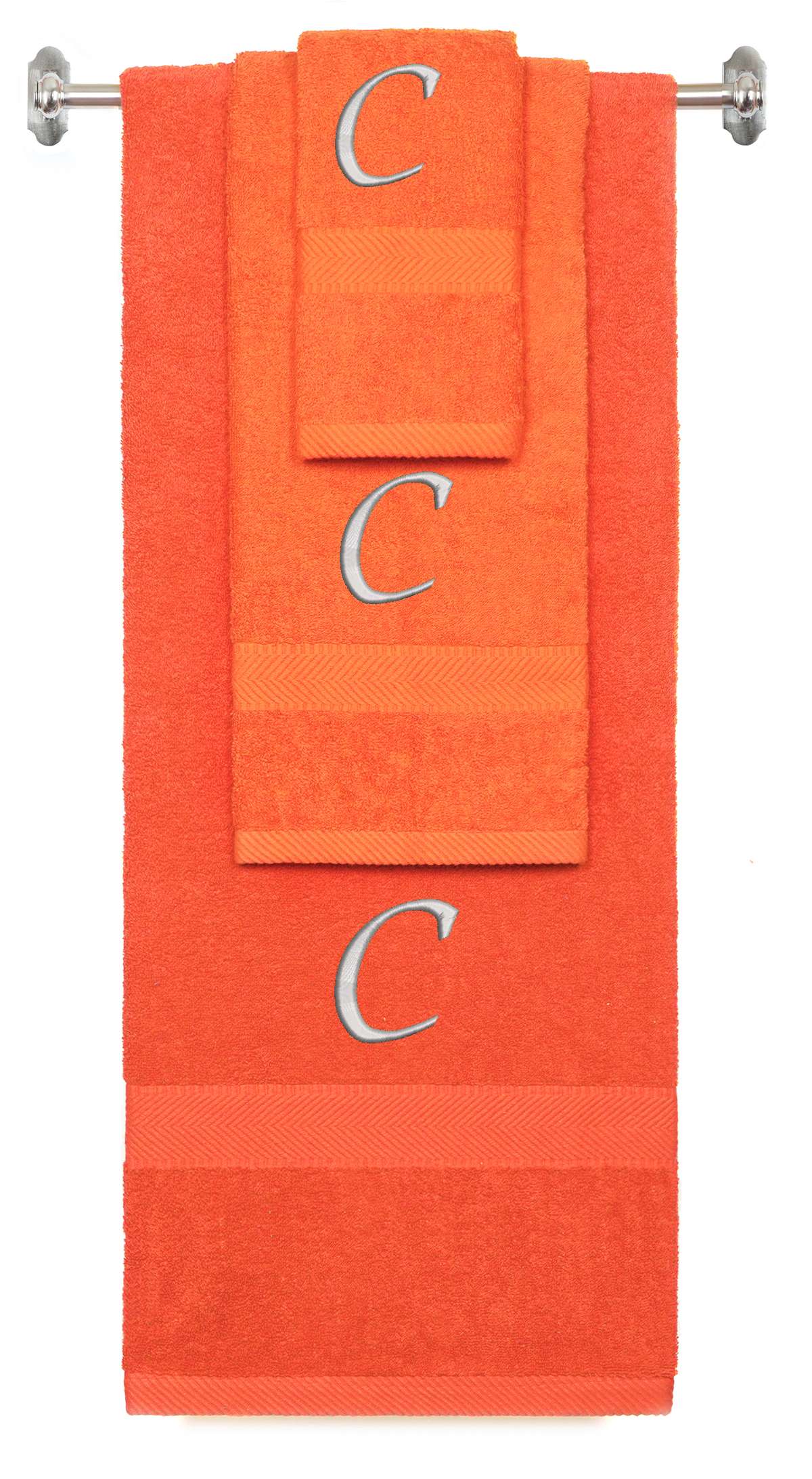 Orange monogrammed towel set with Silver thread, Chancery font, initial C - 540 GSM cotton 3-piece