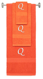 Orange monogrammed towel set with White thread, Chancery font, initial Q - 540 GSM cotton 3-piece