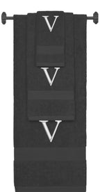 Charcoal monogrammed towel set with Silver thread, Times New Roman font, initial V - 540 GSM cotton 3-piece