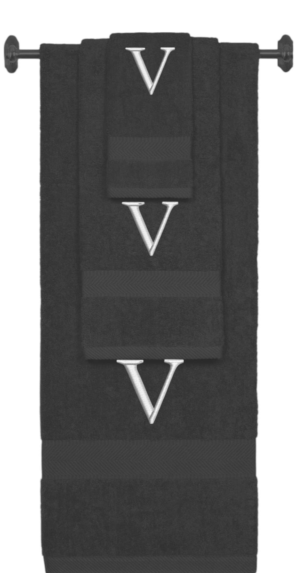 Charcoal monogrammed towel set with Silver thread, Times New Roman font, initial V - 540 GSM cotton 3-piece