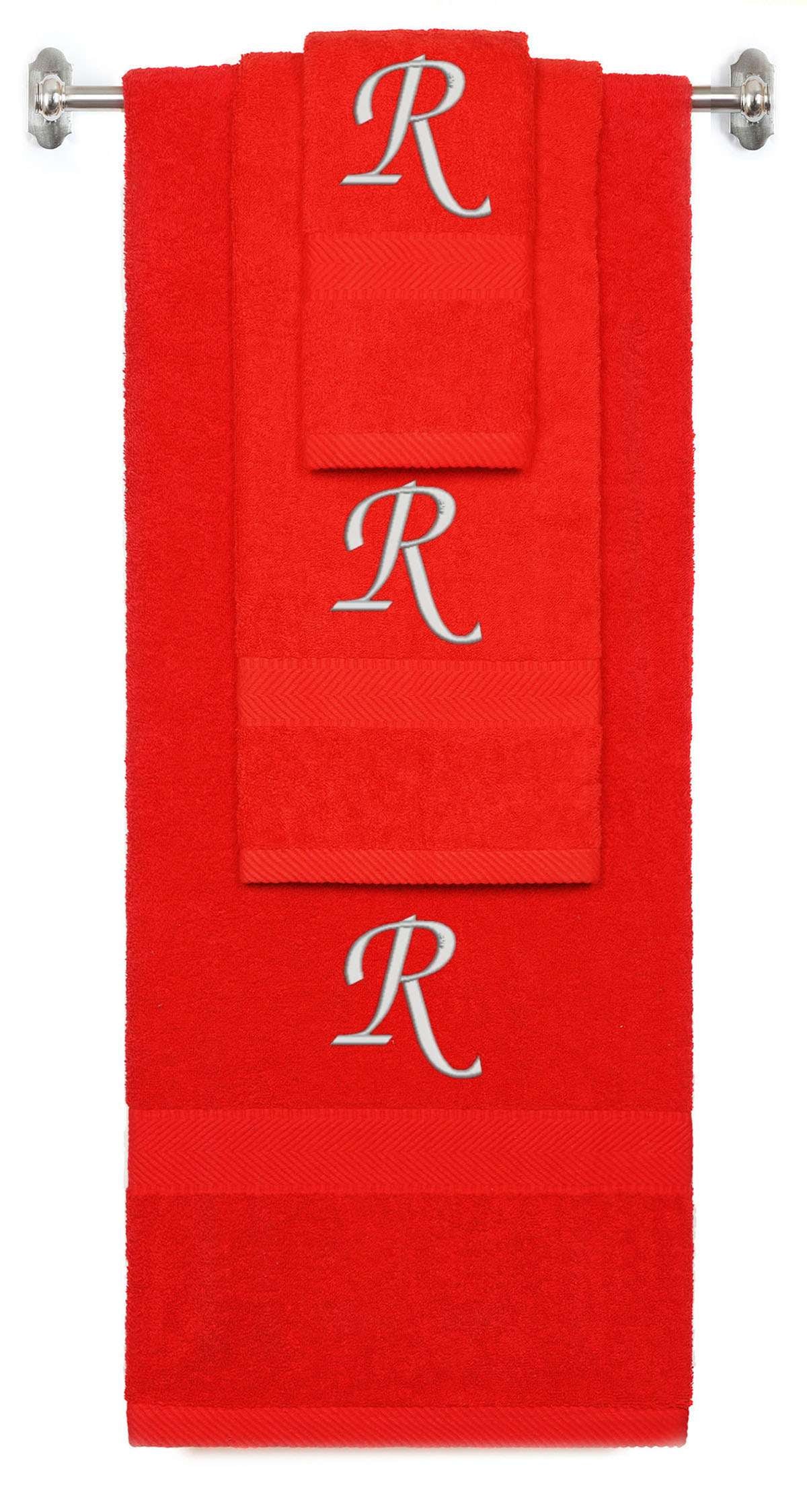 Red monogrammed towel set with Silver thread, Chancery font, initial R - 540 GSM cotton 3-piece