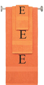 Orange monogrammed towel set with Black thread, Times New Roman font, initial E - 540 GSM cotton 3-piece