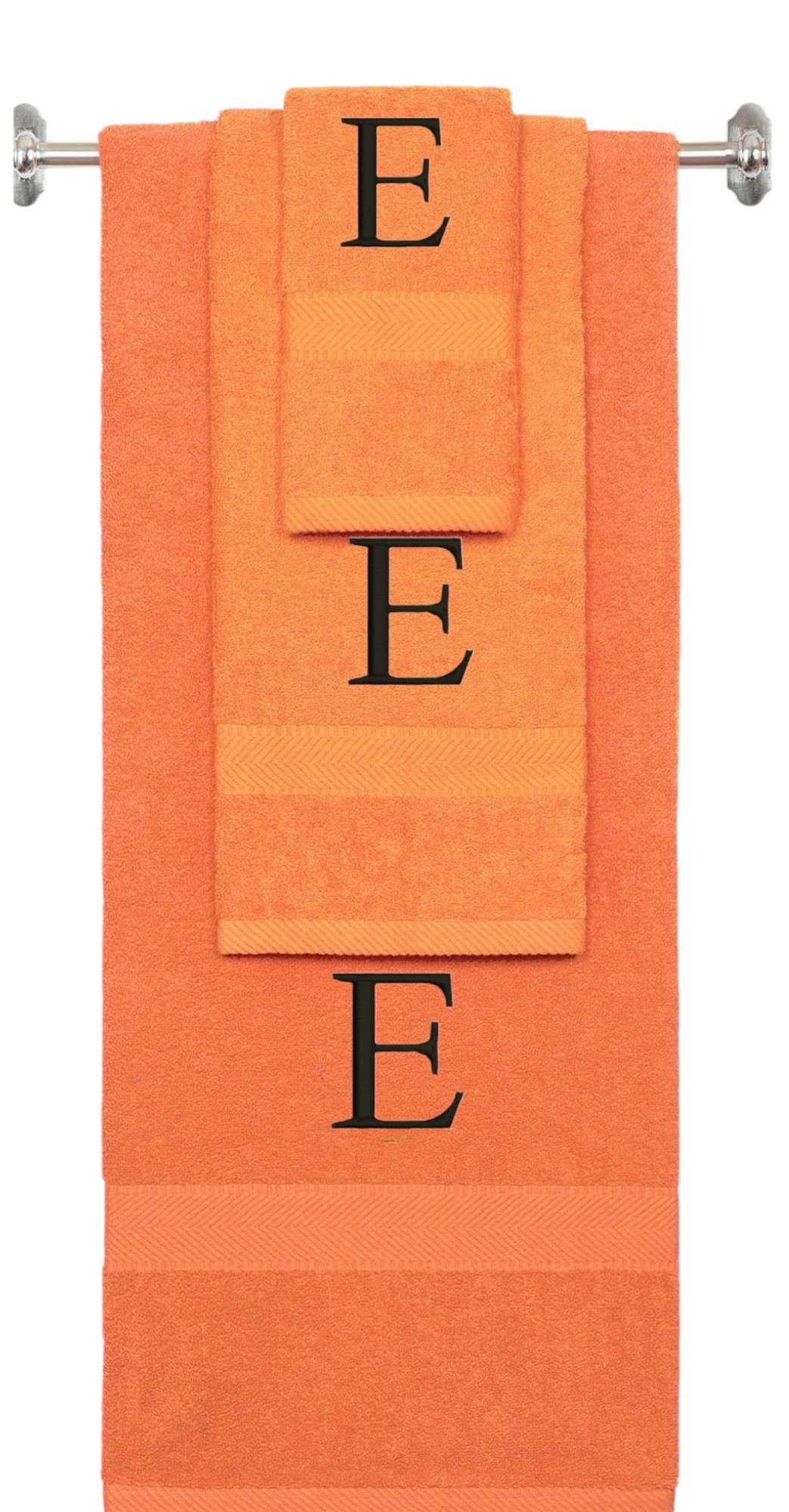Orange monogrammed towel set with Black thread, Times New Roman font, initial E - 540 GSM cotton 3-piece