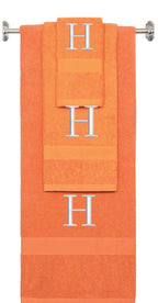 Orange monogrammed towel set with Silver thread, Times New Roman font, initial H - 540 GSM cotton 3-piece