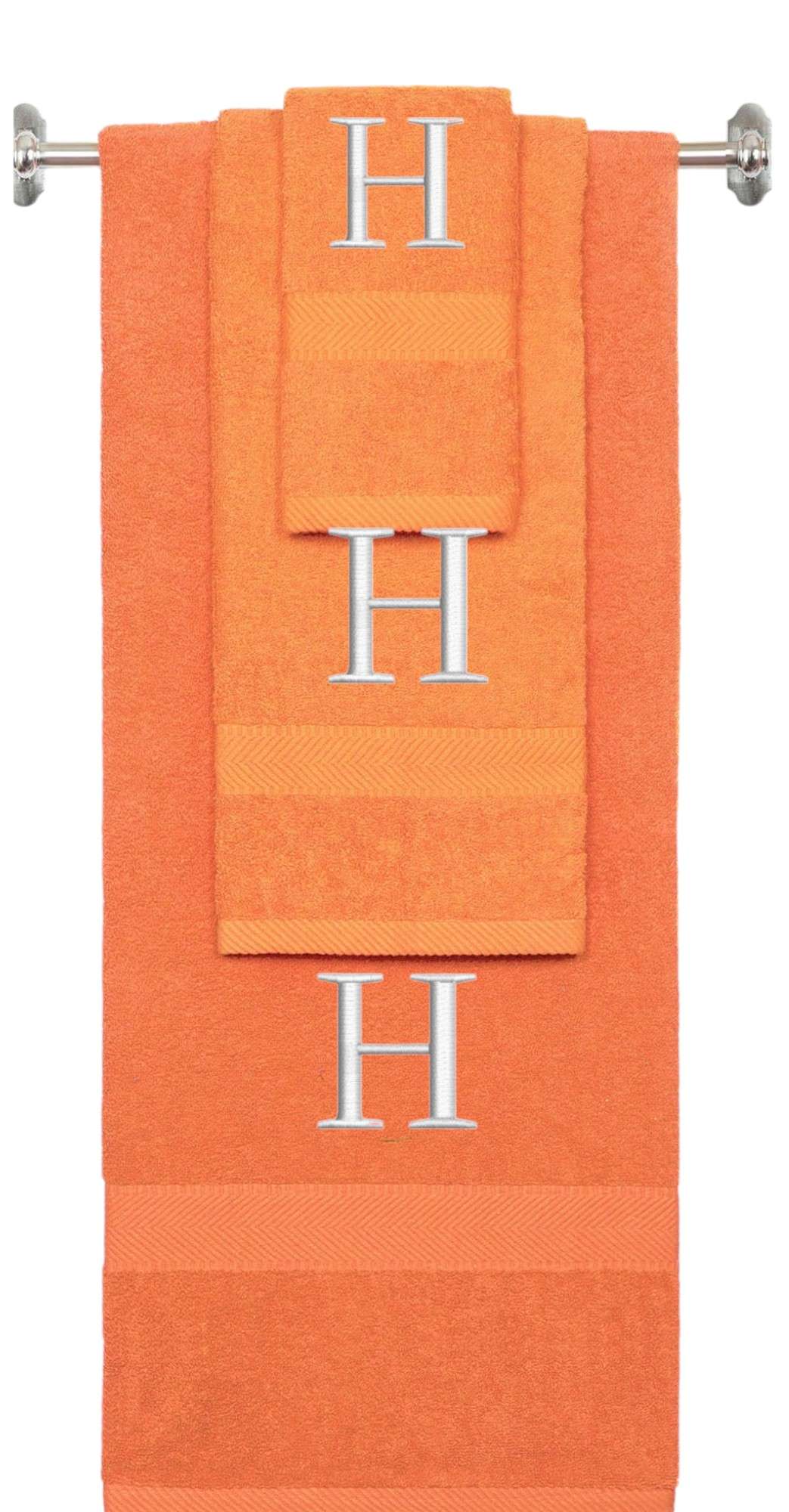 Orange monogrammed towel set with Silver thread, Times New Roman font, initial H - 540 GSM cotton 3-piece