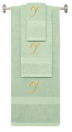 Mint Green monogrammed towel set with Gold thread, Chancery font, initial Y - 540 GSM cotton 3-piece