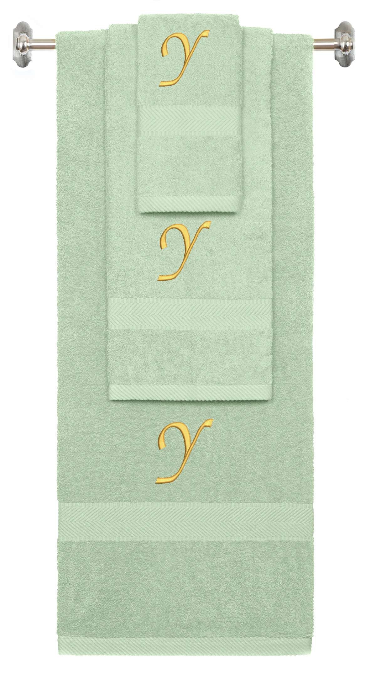 Mint Green monogrammed towel set with Gold thread, Chancery font, initial Y - 540 GSM cotton 3-piece