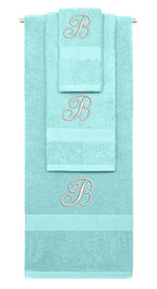 Nautical Teal monogrammed towel set with Silver thread, Diana Script font, initial B - 540 GSM cotton 3-piece