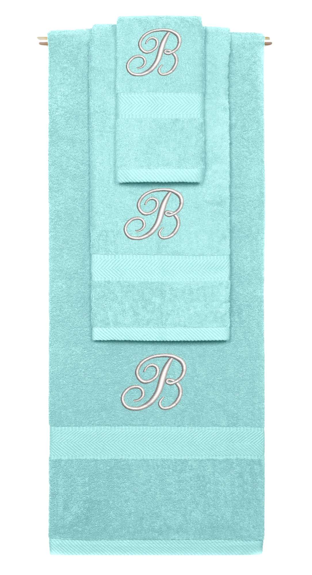Nautical Teal monogrammed towel set with Silver thread, Diana Script font, initial B - 540 GSM cotton 3-piece
