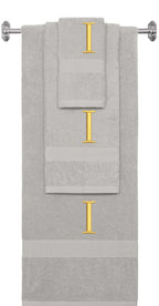 Silver monogrammed towel set with Gold thread, Times New Roman font, initial I - 540 GSM cotton 3-piece